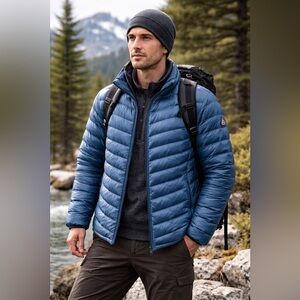 Bosideng Men’s Blue Down Puffer Jacket Lightweight Zip Front Large 185/100A V